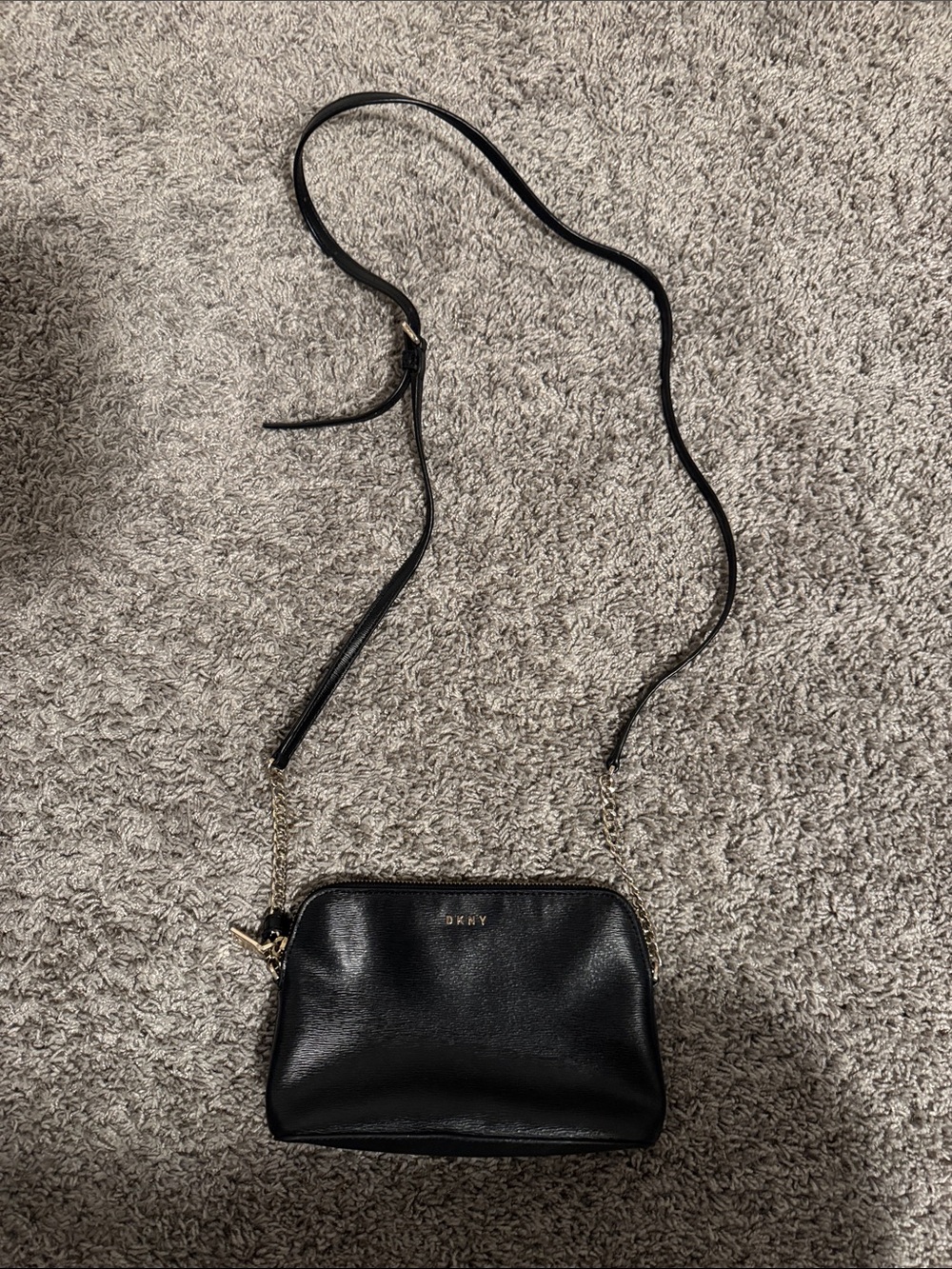 DKNY Black Leather Crossbody with Gold Chain Accents